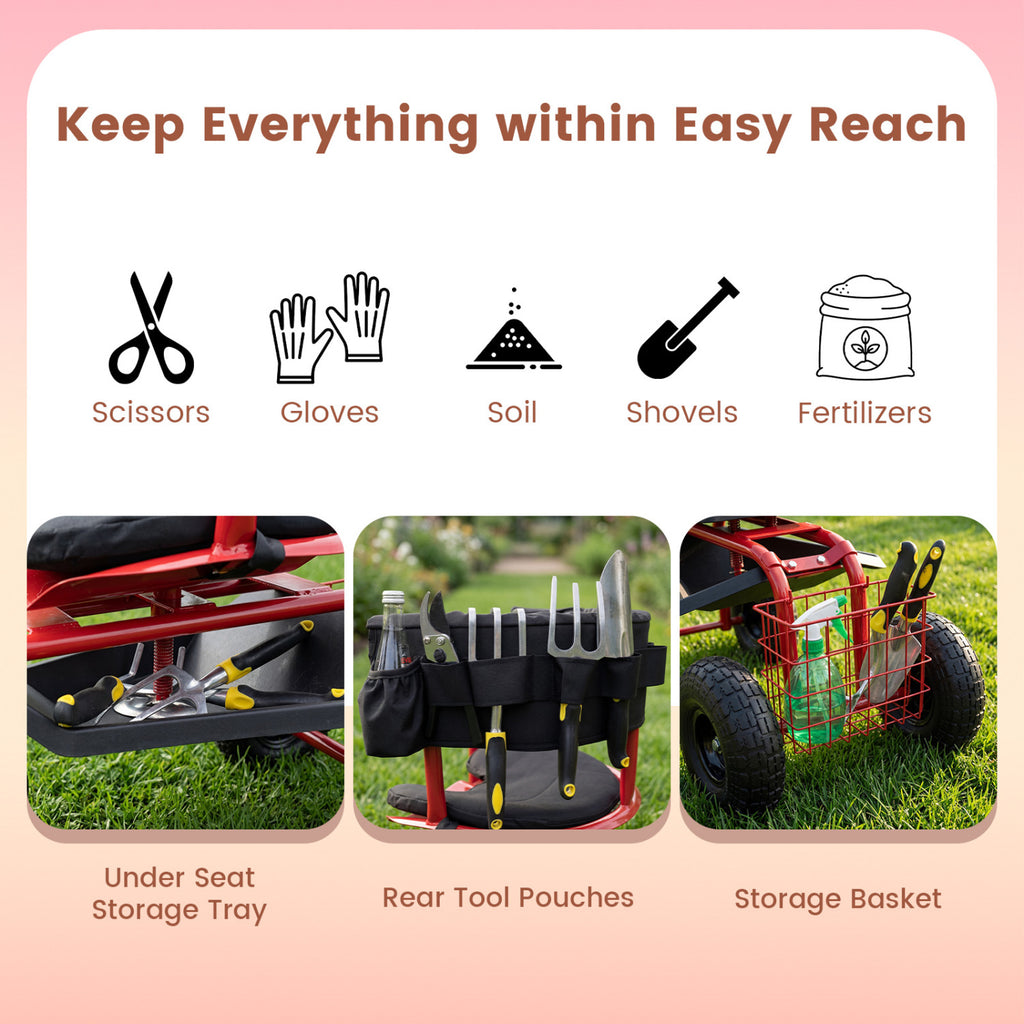 Cushioned Rolling Garden Cart Scooter with Storage Basket and Tool