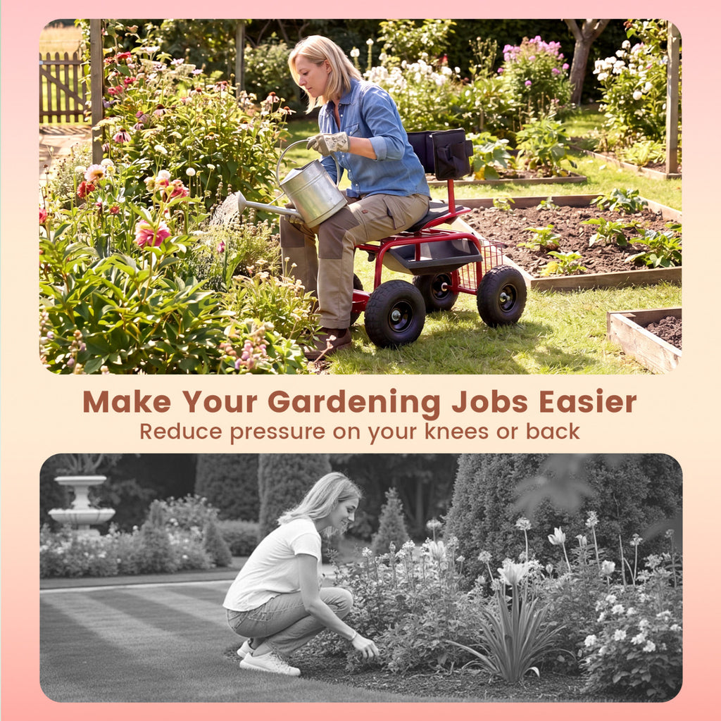 Cushioned Rolling Garden Cart Scooter with Storage Basket and Tool