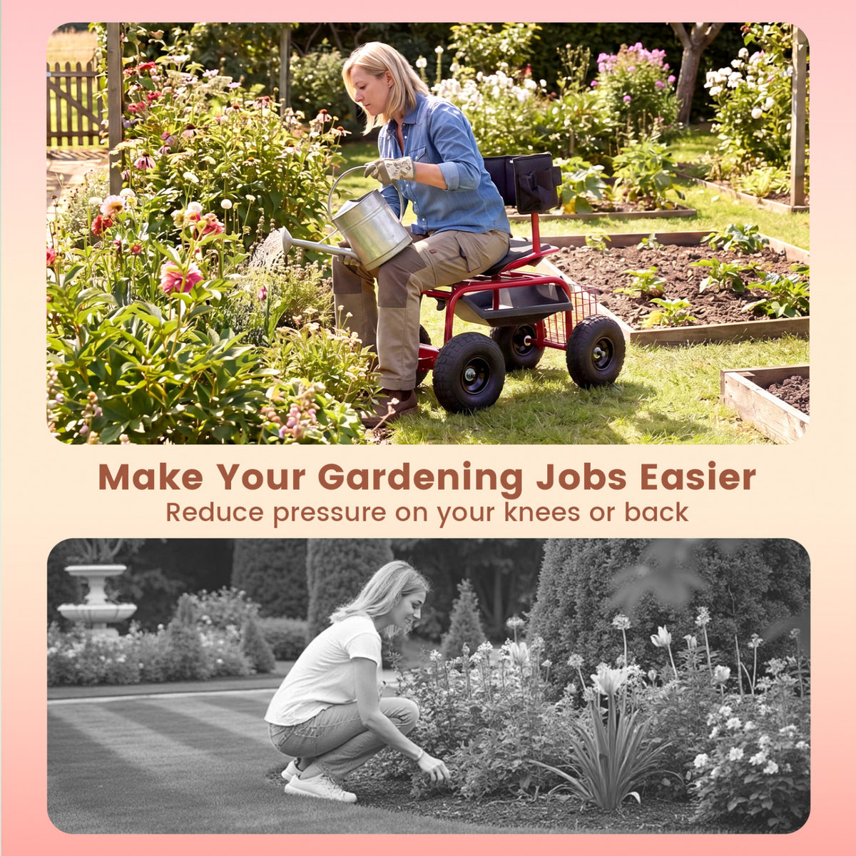 Cushioned Rolling Garden Cart Scooter with Storage Basket and Tool