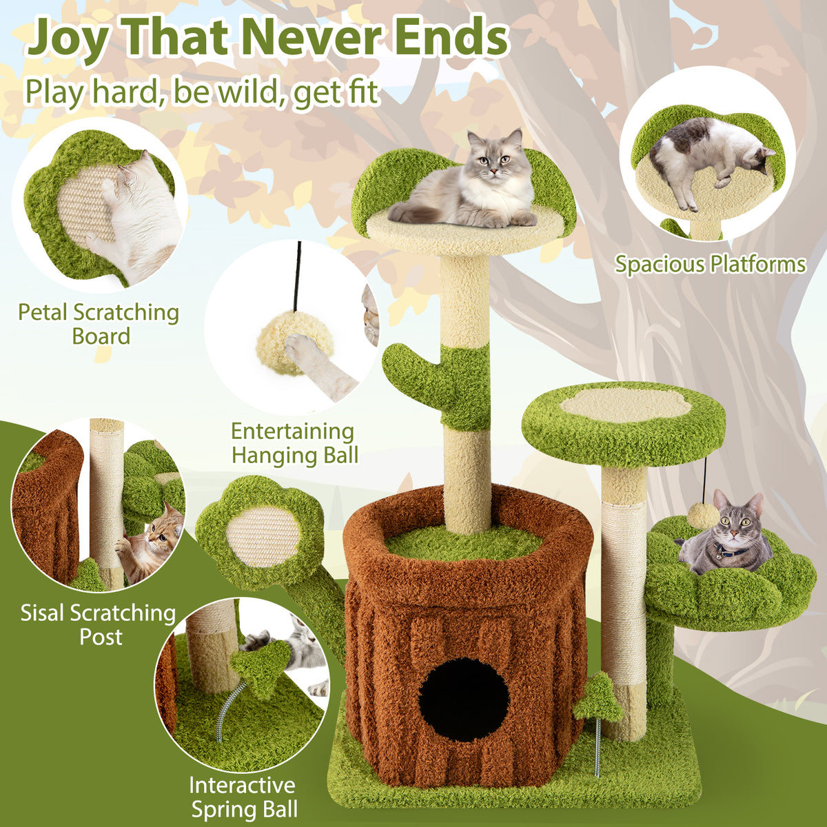 Indoor Cat Tree with Perches, Scratching Posts & Toys - Green Variation