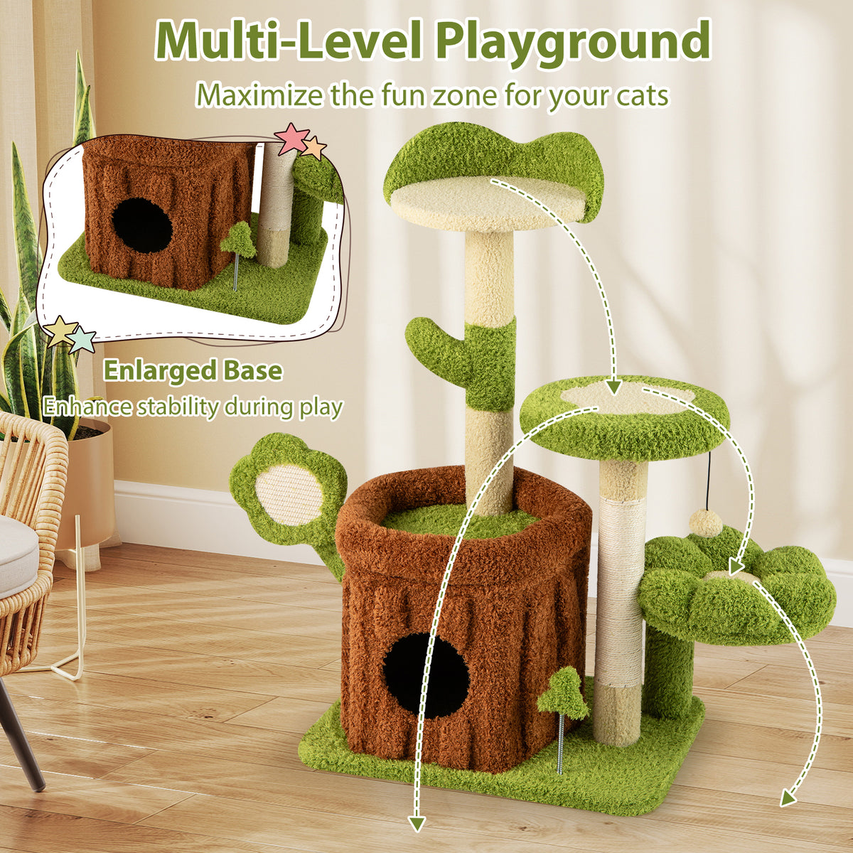 Indoor Cat Tree with Perches, Scratching Posts & Toys - Green Variation