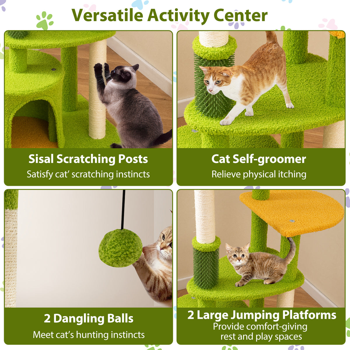 Cute Multi-Level Cat Tree Tower with Perches, Sisal Posts & Toys - Green Variation