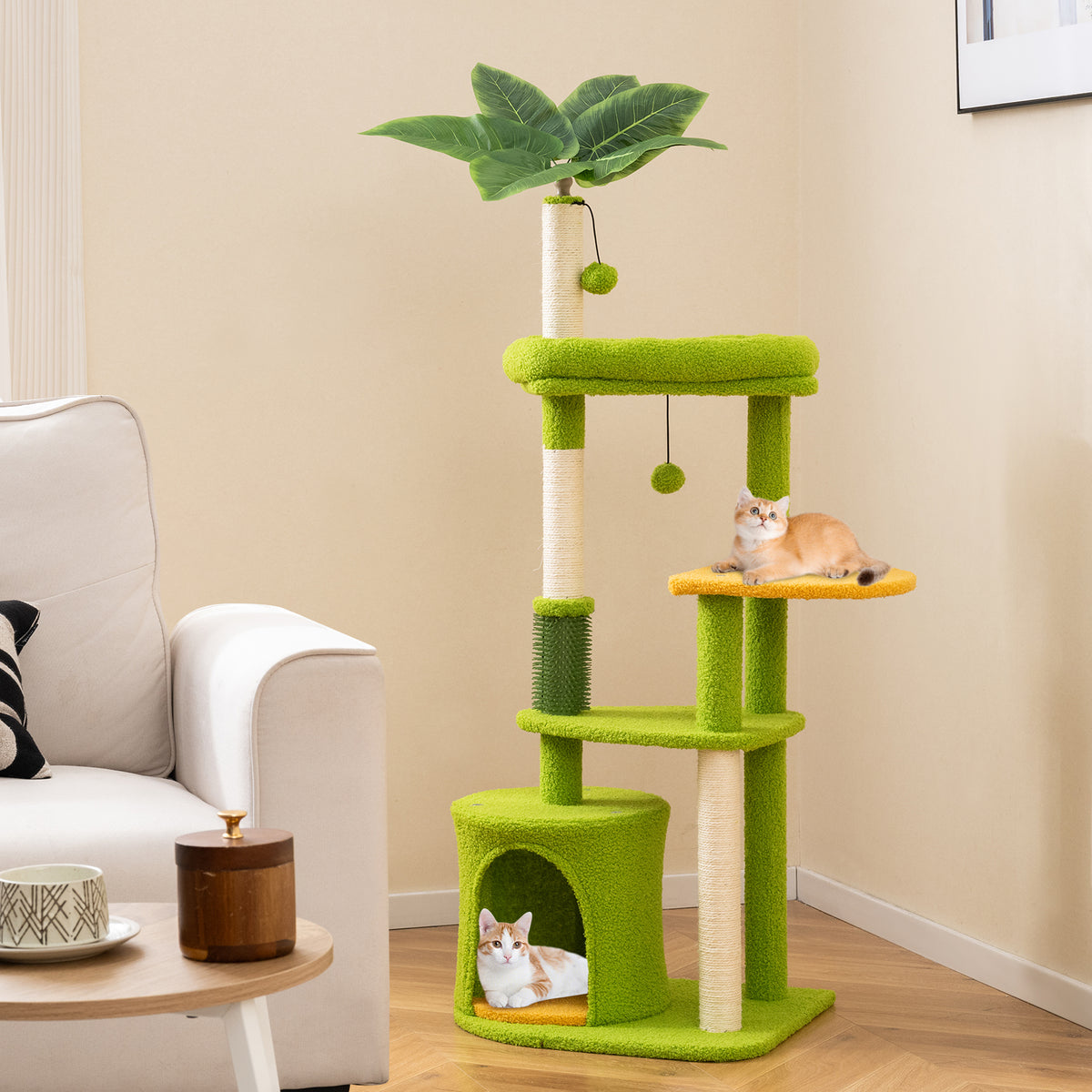 Cute Multi-Level Cat Tree Tower with Perches, Sisal Posts & Toys - Green Variation