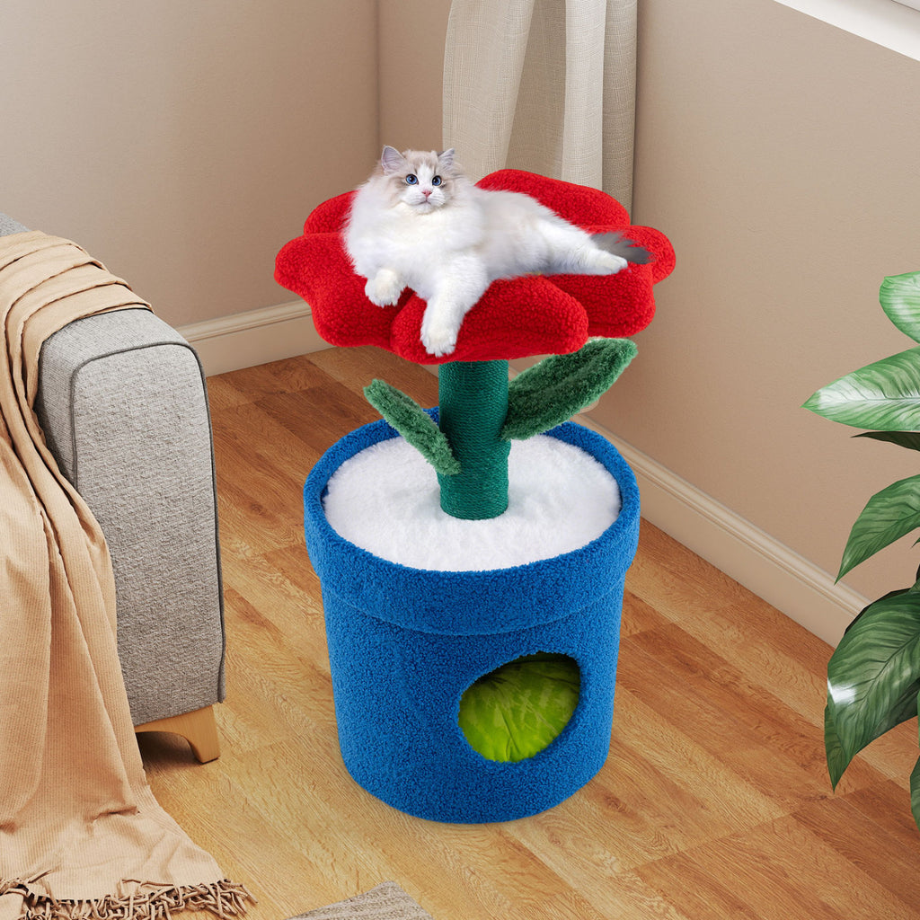 Red Cat Tree with Flower Padded Perch for Indoor Cats - Costway