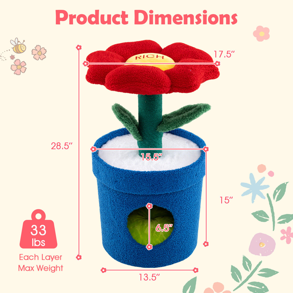 Red Cat Tree with Flower Padded Perch for Indoor Cats - Costway