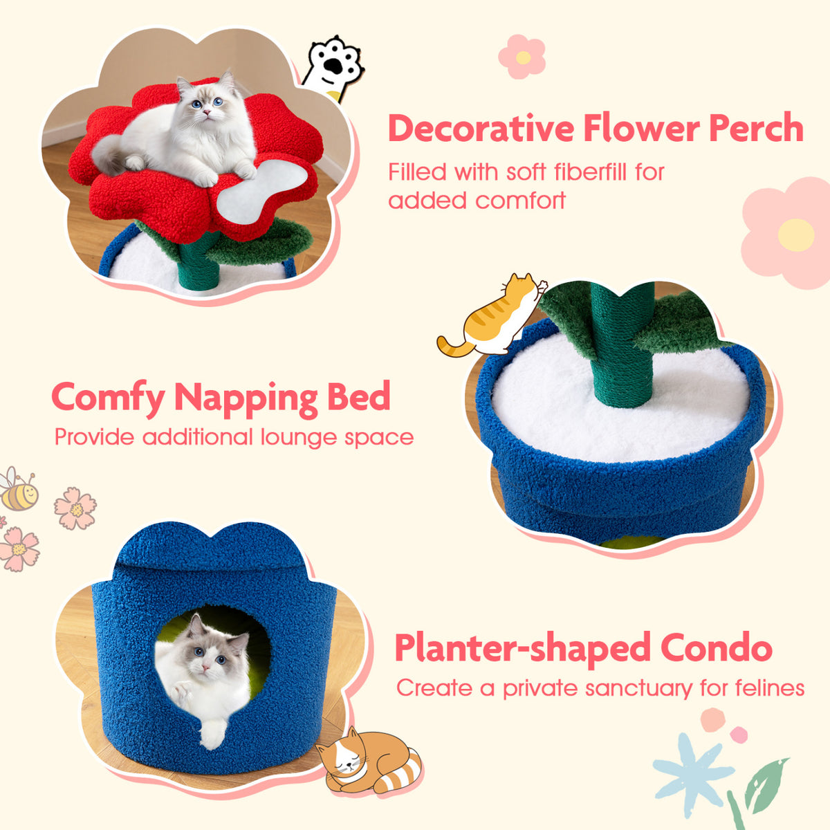 Red Cat Tree with Flower Padded Perch for Indoor Cats - Costway