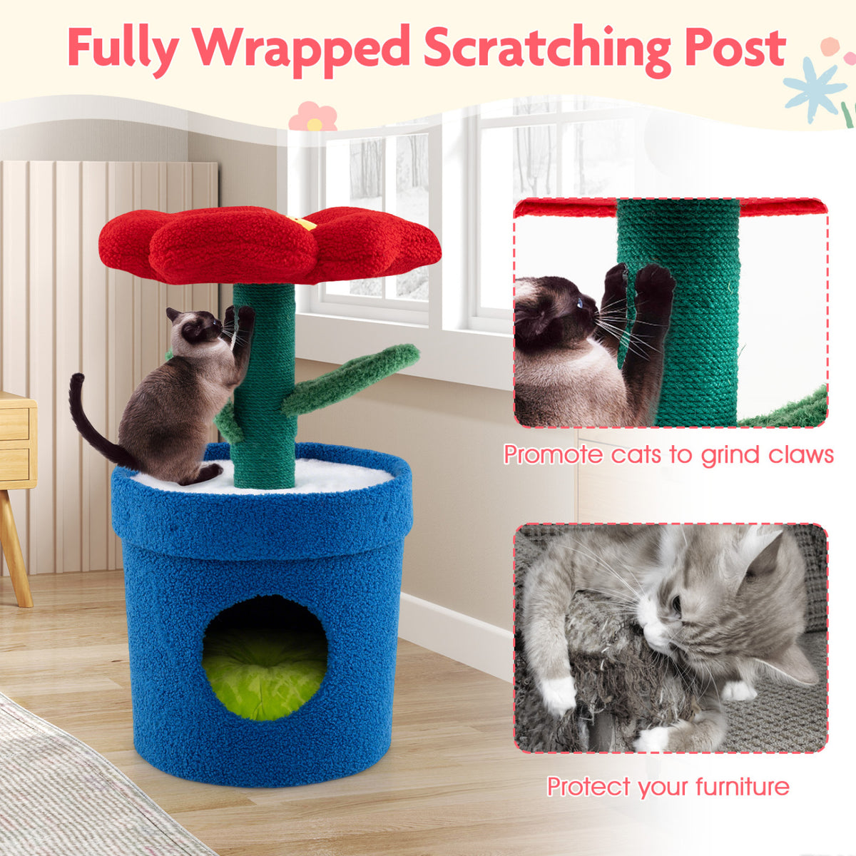 Red Cat Tree with Flower Padded Perch for Indoor Cats - Costway