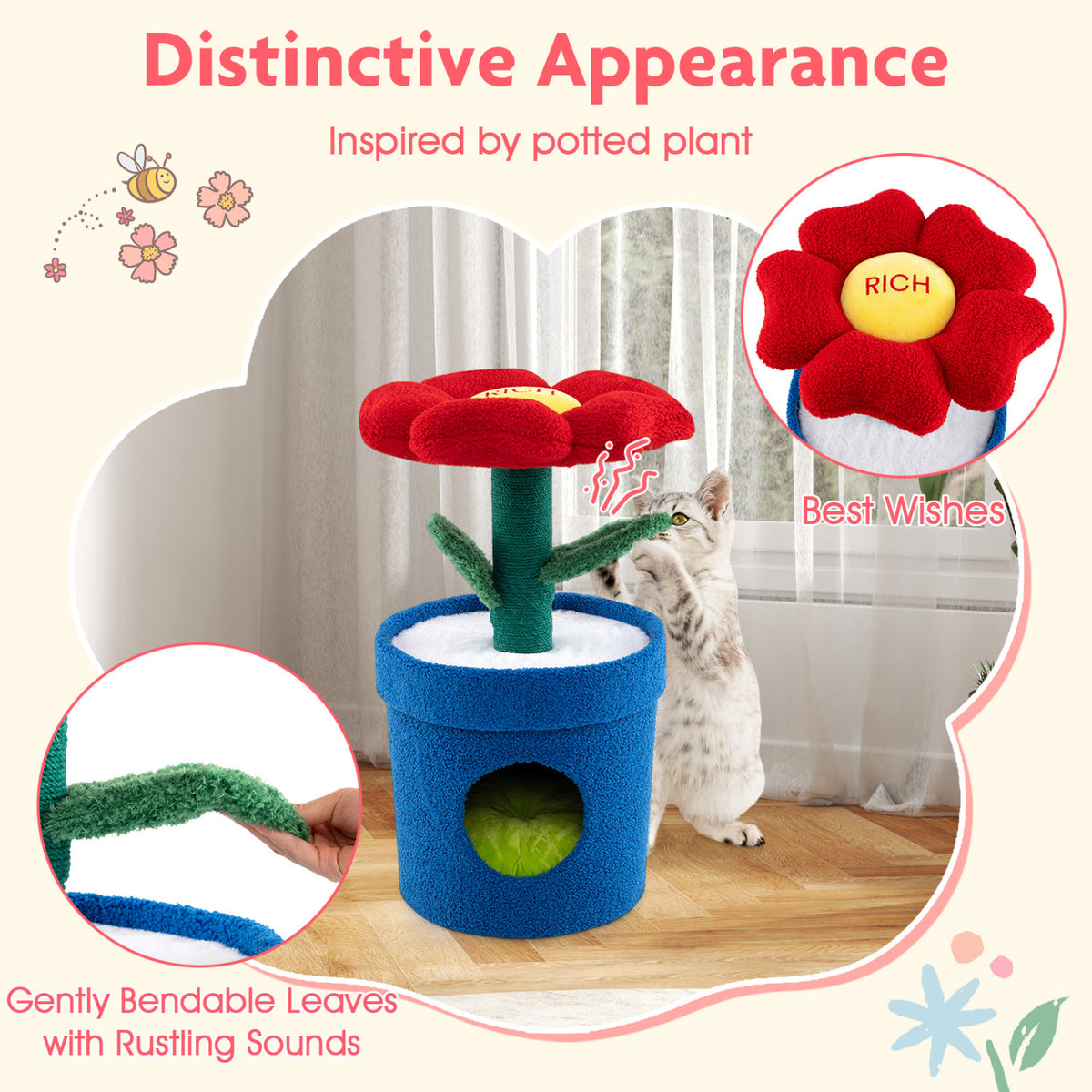 Red Cat Tree with Flower Padded Perch for Indoor Cats - Costway