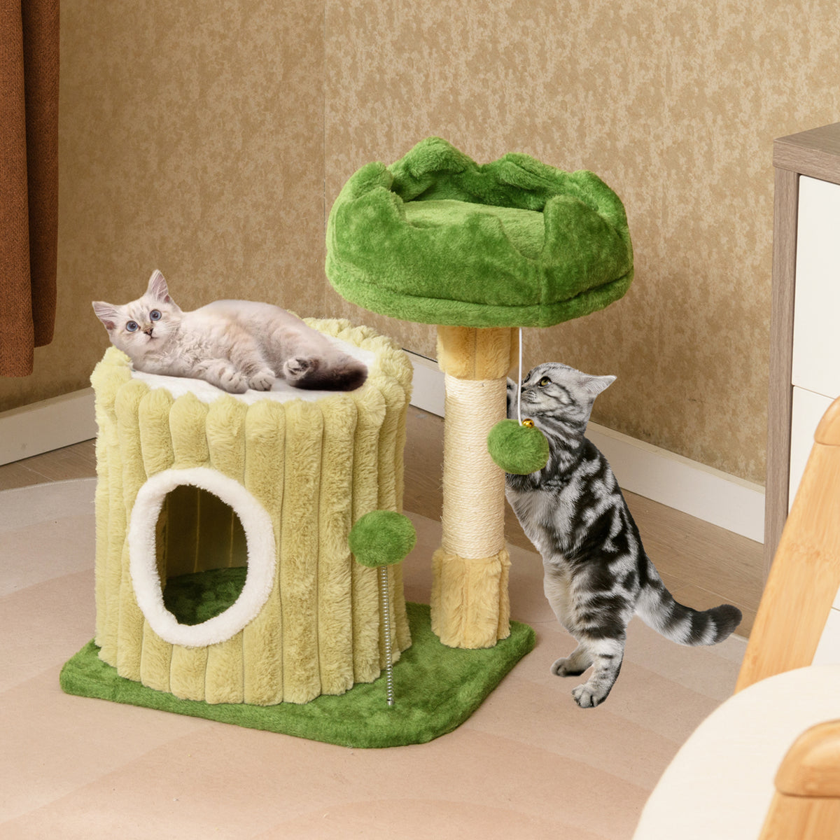 Cat Tree with Sisal Posts and Dangling Ball - Compact Cat Tower with Perch & Toys - Variation of Cat Tree with Posts and Dangling Ball