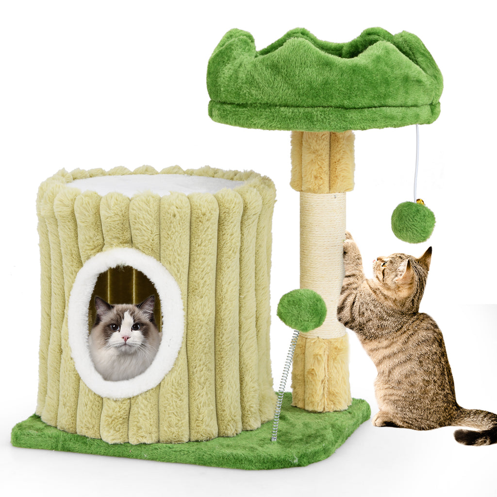 Cat Tree with Sisal Posts and Dangling Ball - Compact Cat Tower with Perch & Toys - Variation of Cat Tree with Posts and Dangling Ball