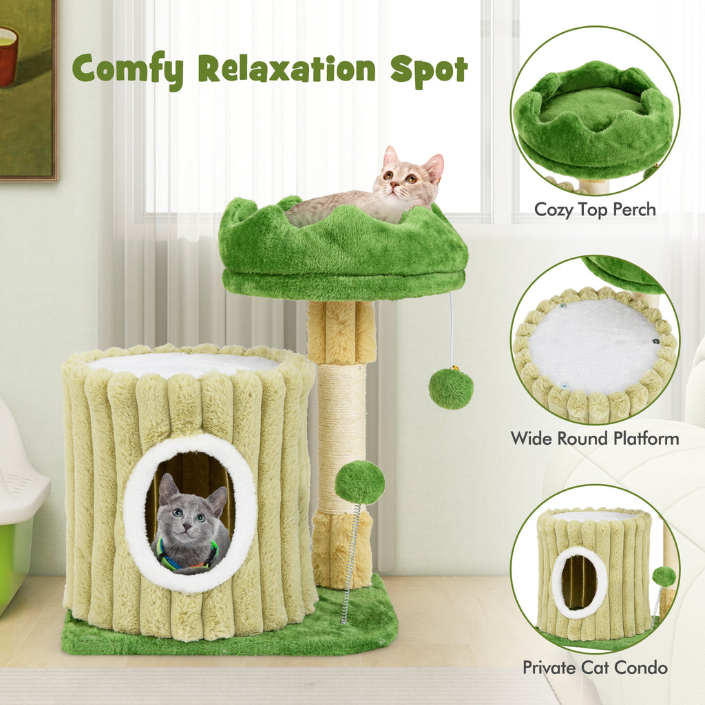 Cat Tree with Sisal Posts and Dangling Ball - Compact Cat Tower with Perch & Toys - Variation of Cat Tree with Posts and Dangling Ball