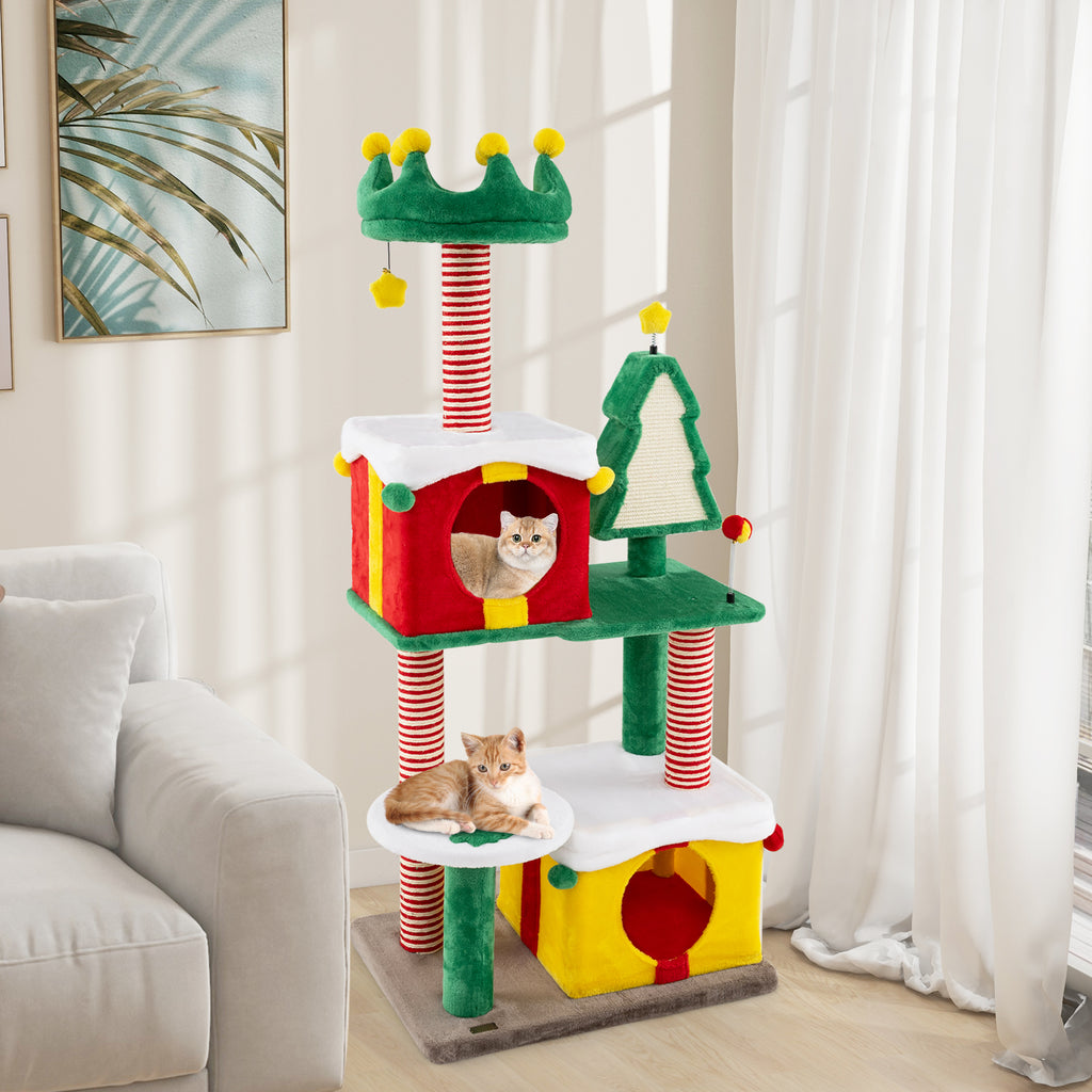Christmas Cat Tree Tower for Indoor Cats with Scratching Posts and Carpet - Multicolor