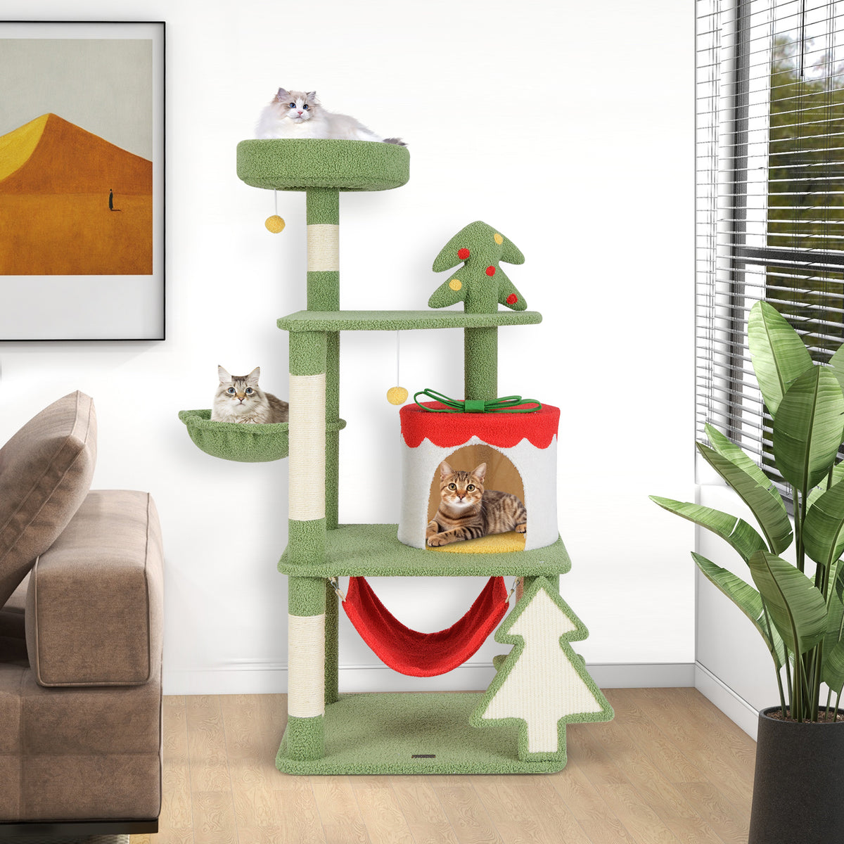 Christmas Cat Tree with Sisal Posts & Gift Box Condo - Green