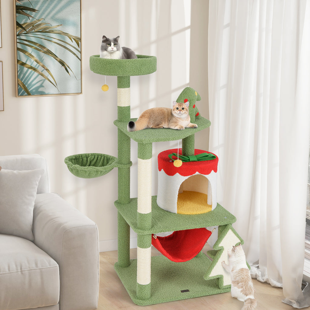 Christmas Cat Tree with Sisal Posts & Gift Box Condo - Green