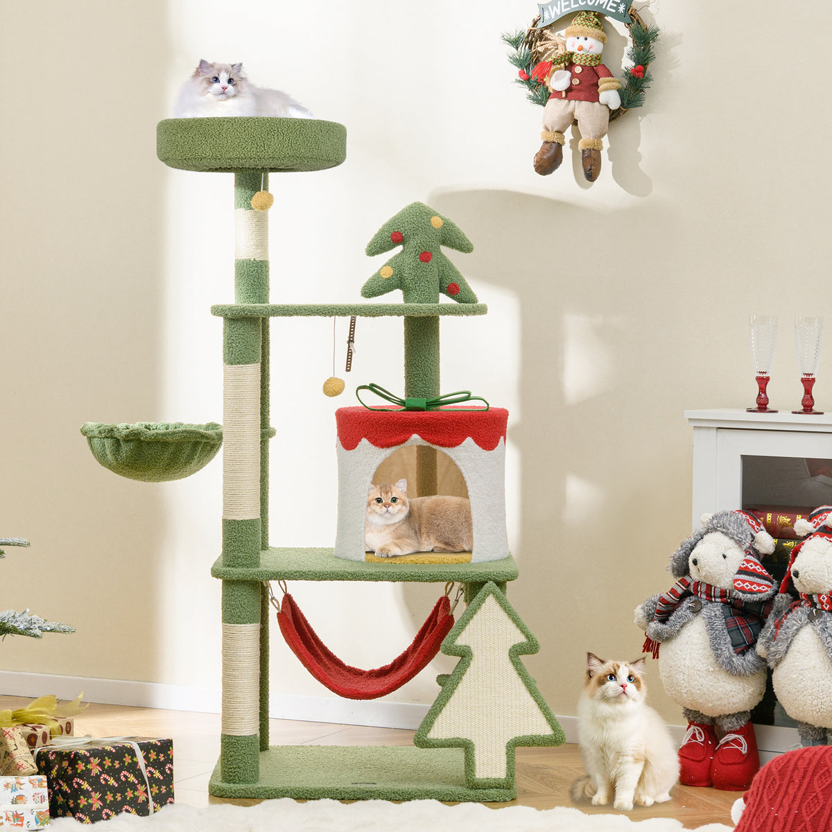 Christmas Cat Tree with Sisal Posts & Gift Box Condo - Green