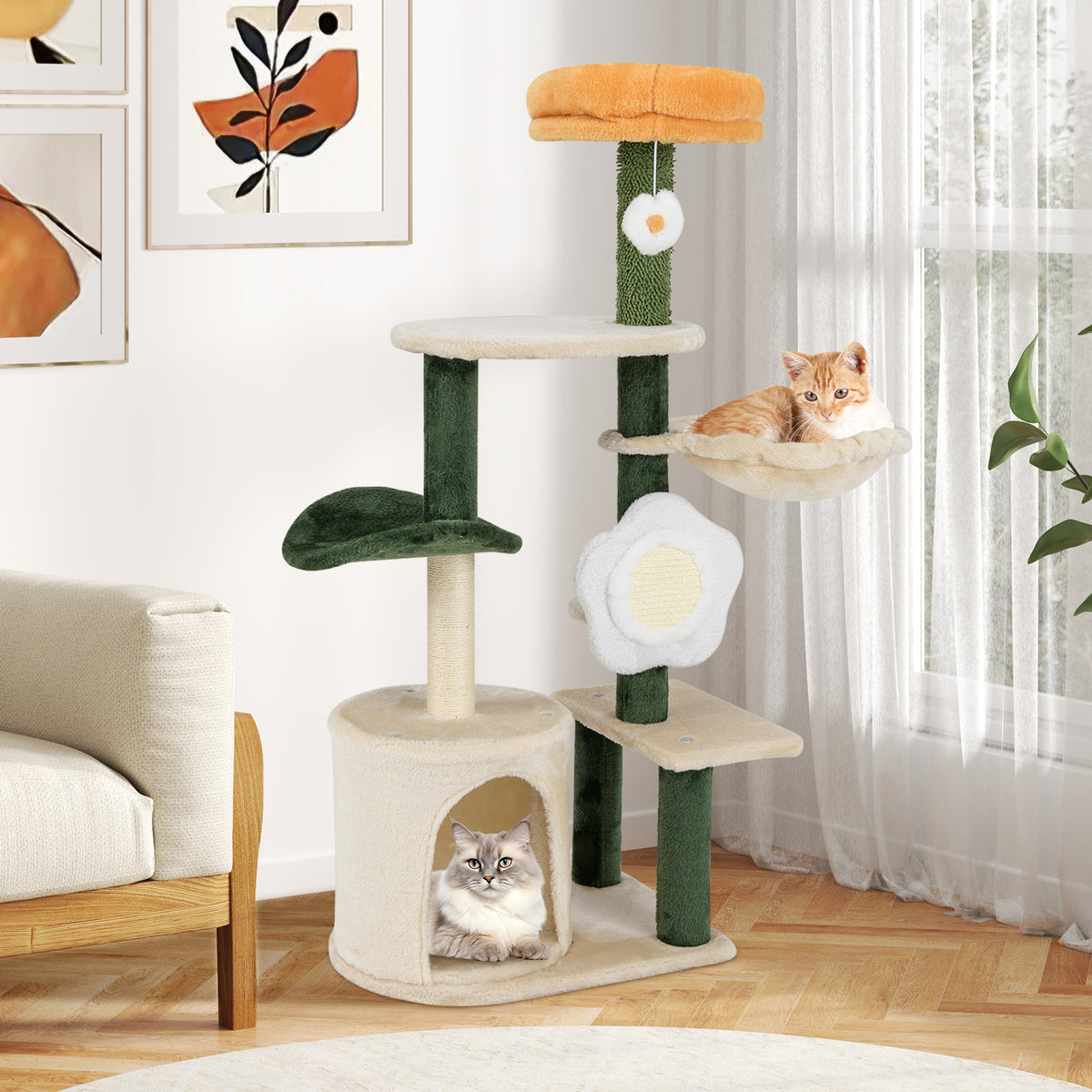 Cute Flower Cat Tree with Plush Top Perch - Multicolor Variation