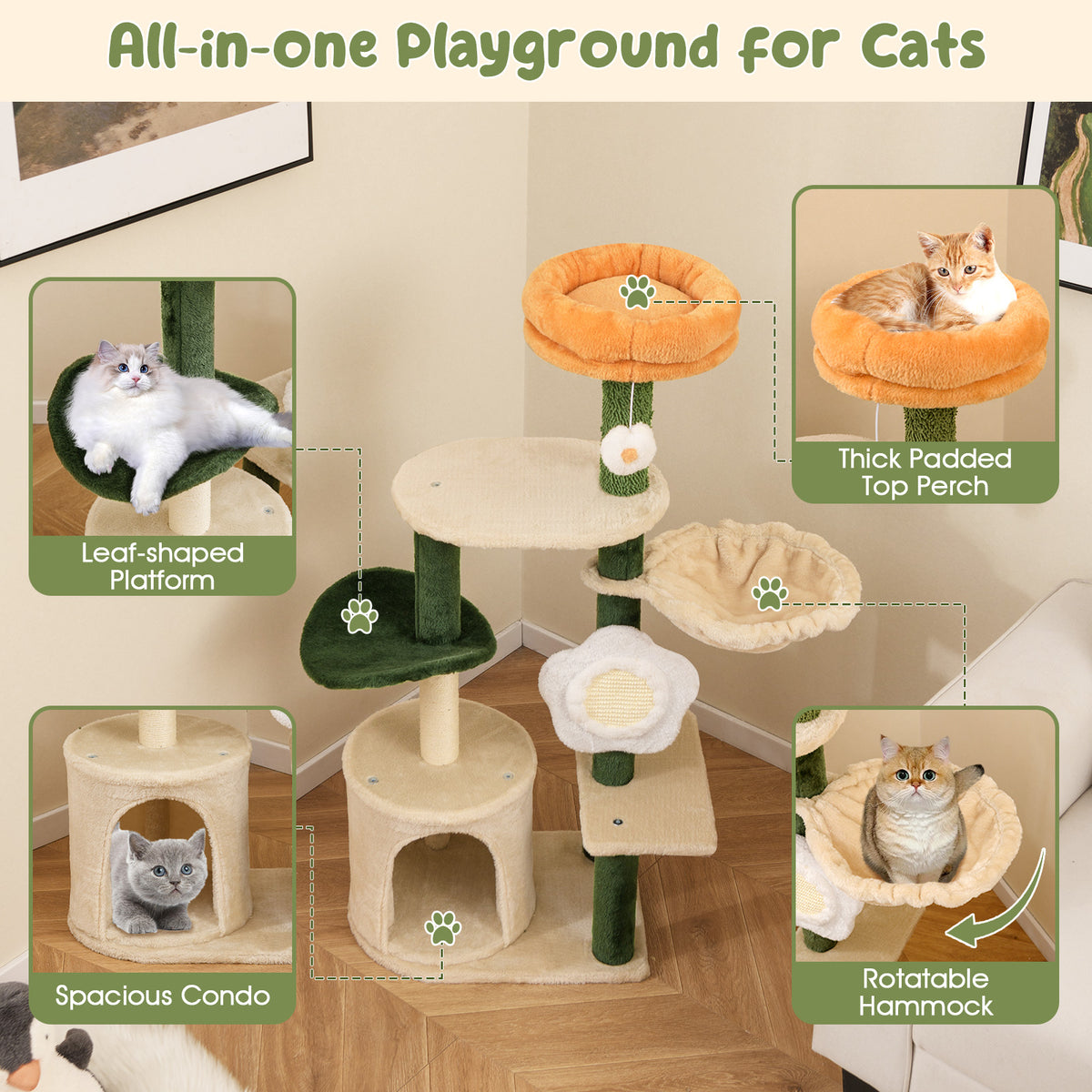 Cute Flower Cat Tree with Plush Top Perch - Multicolor Variation