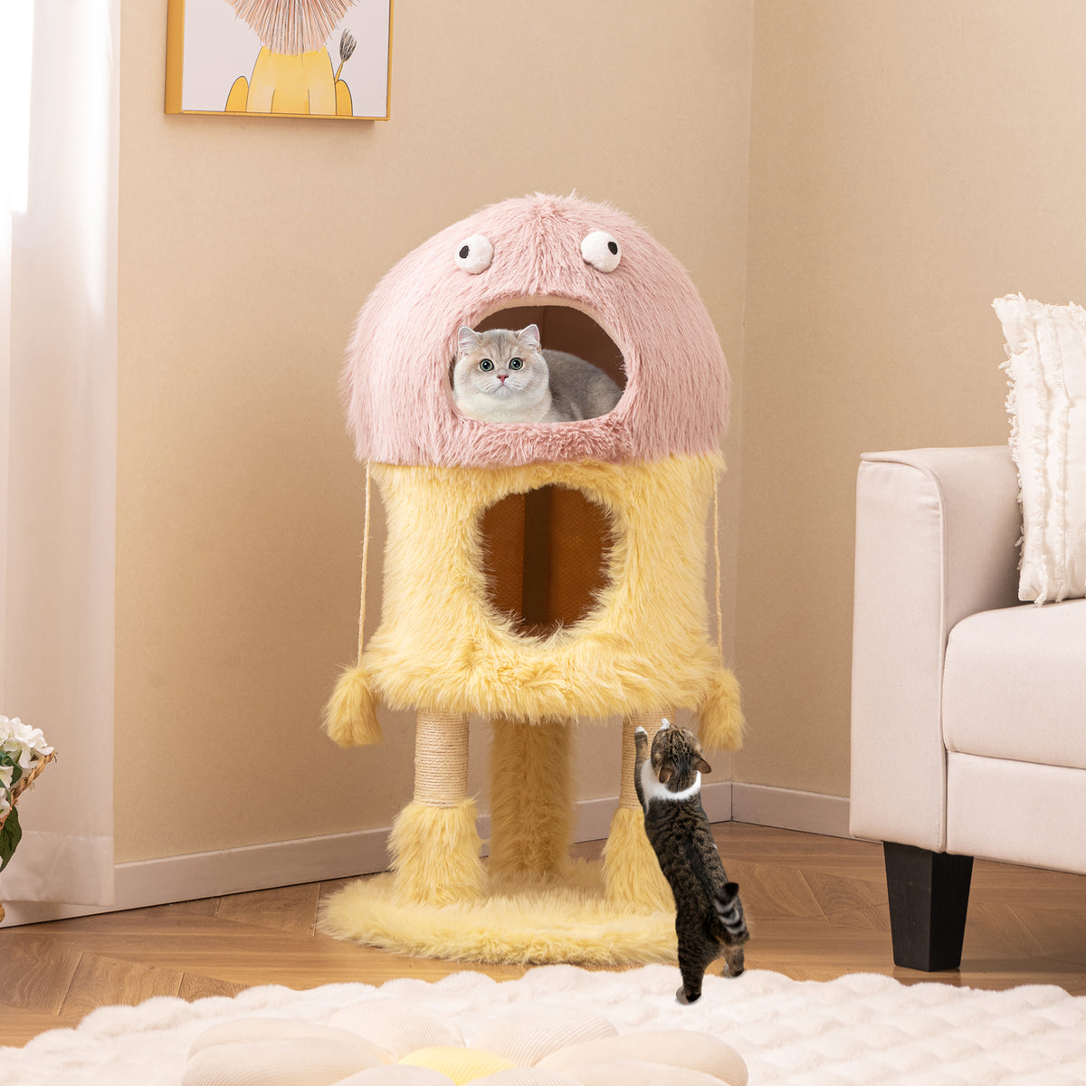 Yellow Cute Monster Cat Tower with 2 Private Condos & Activity Center - Child & Pet Safe