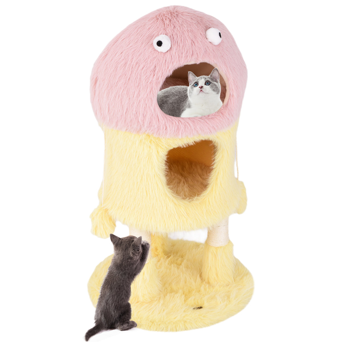 Yellow Cute Monster Cat Tower with 2 Private Condos & Activity Center - Child & Pet Safe
