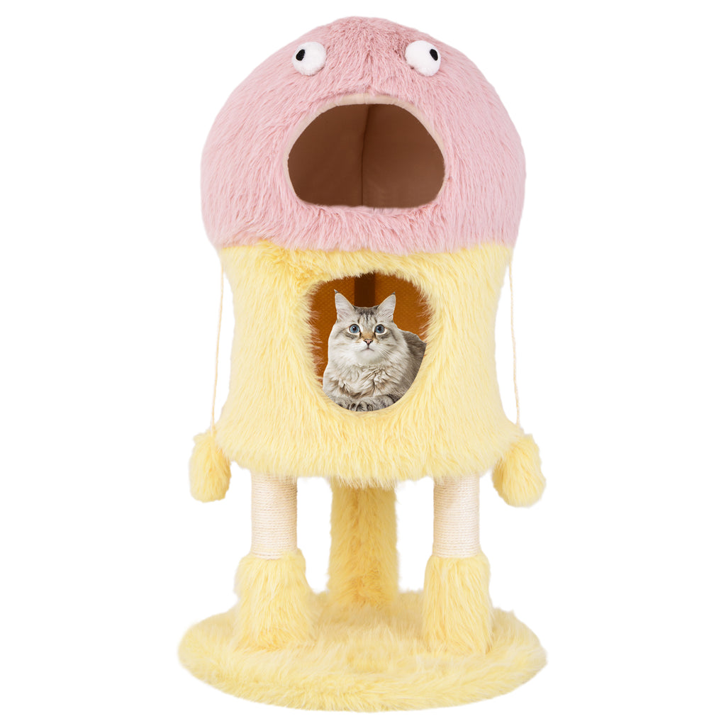 Yellow Cute Monster Cat Tower with 2 Private Condos & Activity Center - Child & Pet Safe