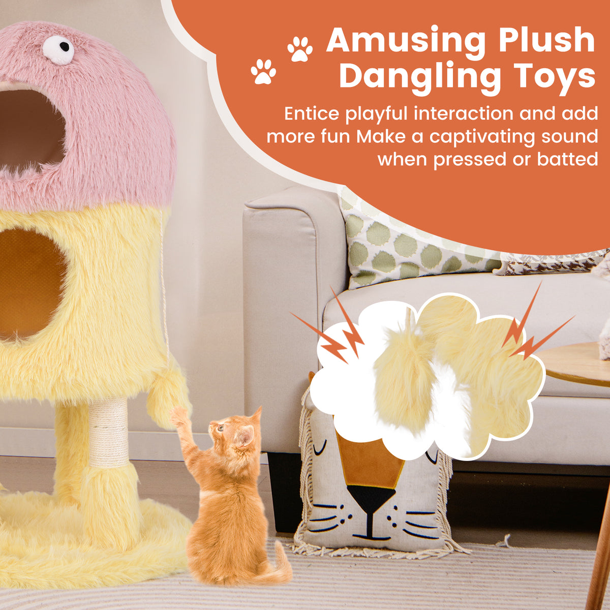 Yellow Cute Monster Cat Tower with 2 Private Condos & Activity Center - Child & Pet Safe