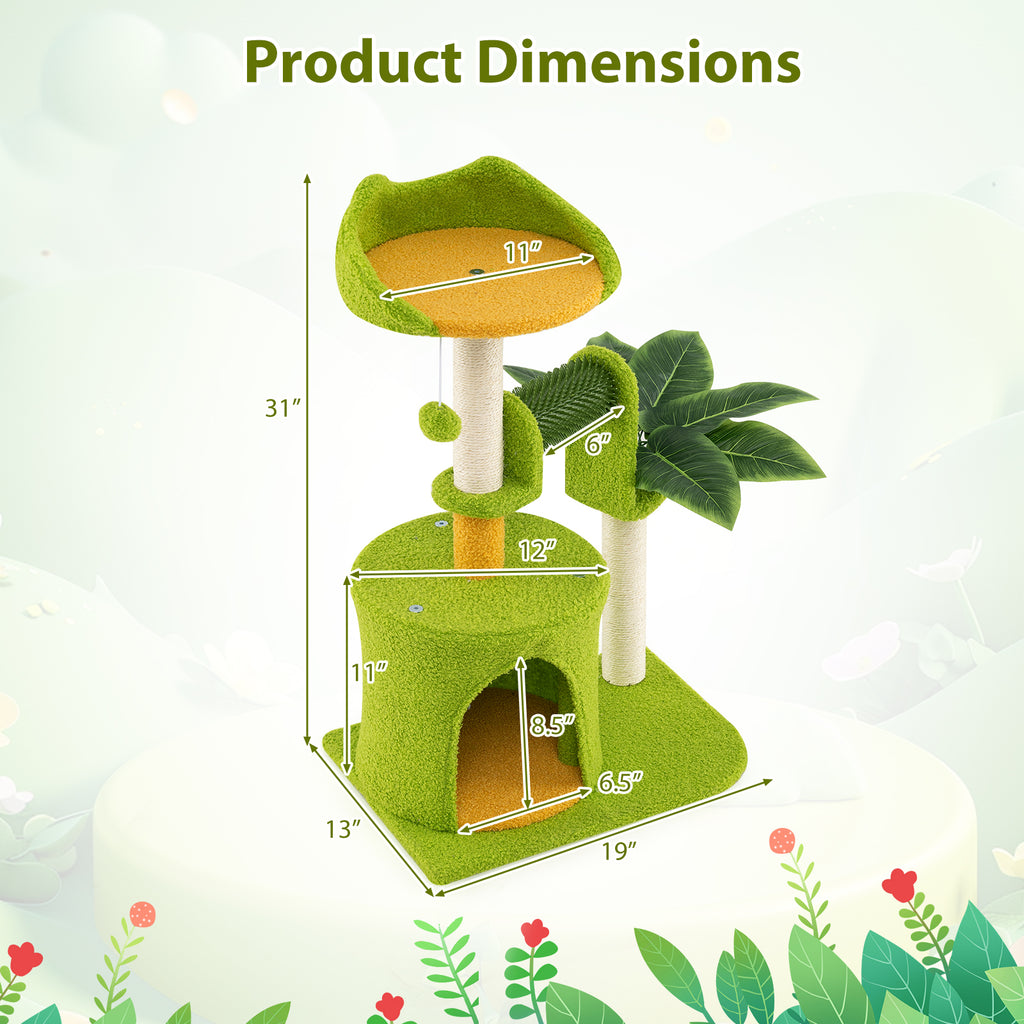 Cute Palm Cat Tree - Green Indoor Cat Furniture with Artificial Leaves & Perches