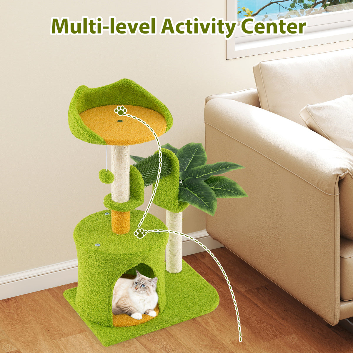 Cute Palm Cat Tree - Green Indoor Cat Furniture with Artificial Leaves & Perches
