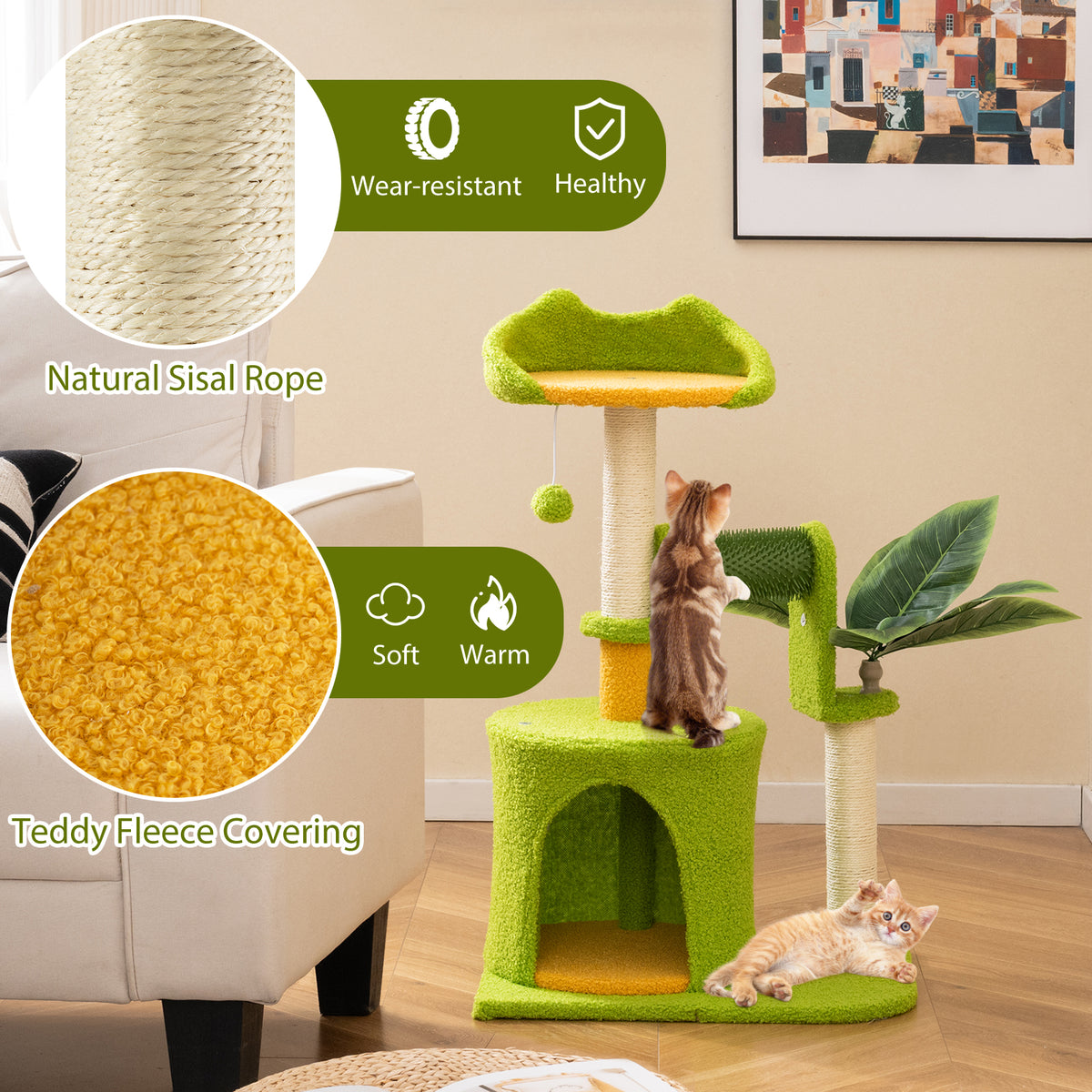 Cute Palm Cat Tree - Green Indoor Cat Furniture with Artificial Leaves & Perches