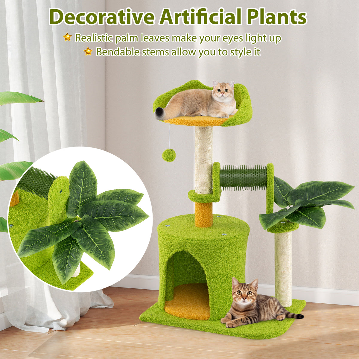 Cute Palm Cat Tree - Green Indoor Cat Furniture with Artificial Leaves & Perches