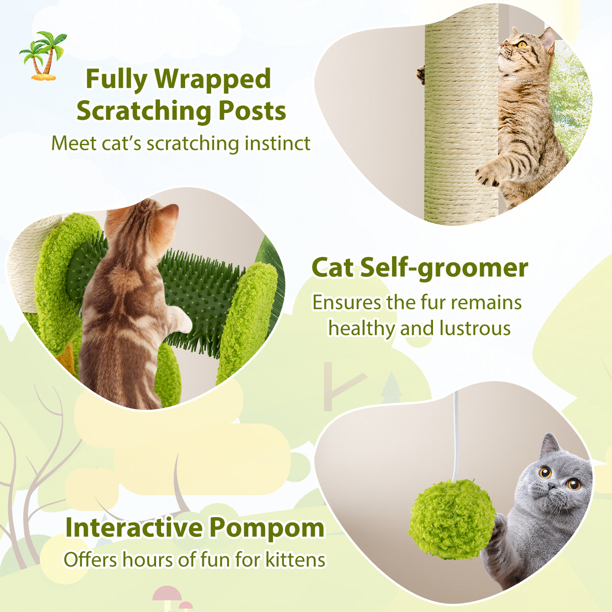 Cute Palm Cat Tree - Green Indoor Cat Furniture with Artificial Leaves & Perches