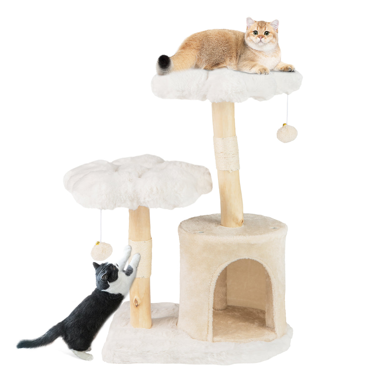 Cute Solid Wood Cat Tree with Flower Design and Sisal Posts - Beige Variation