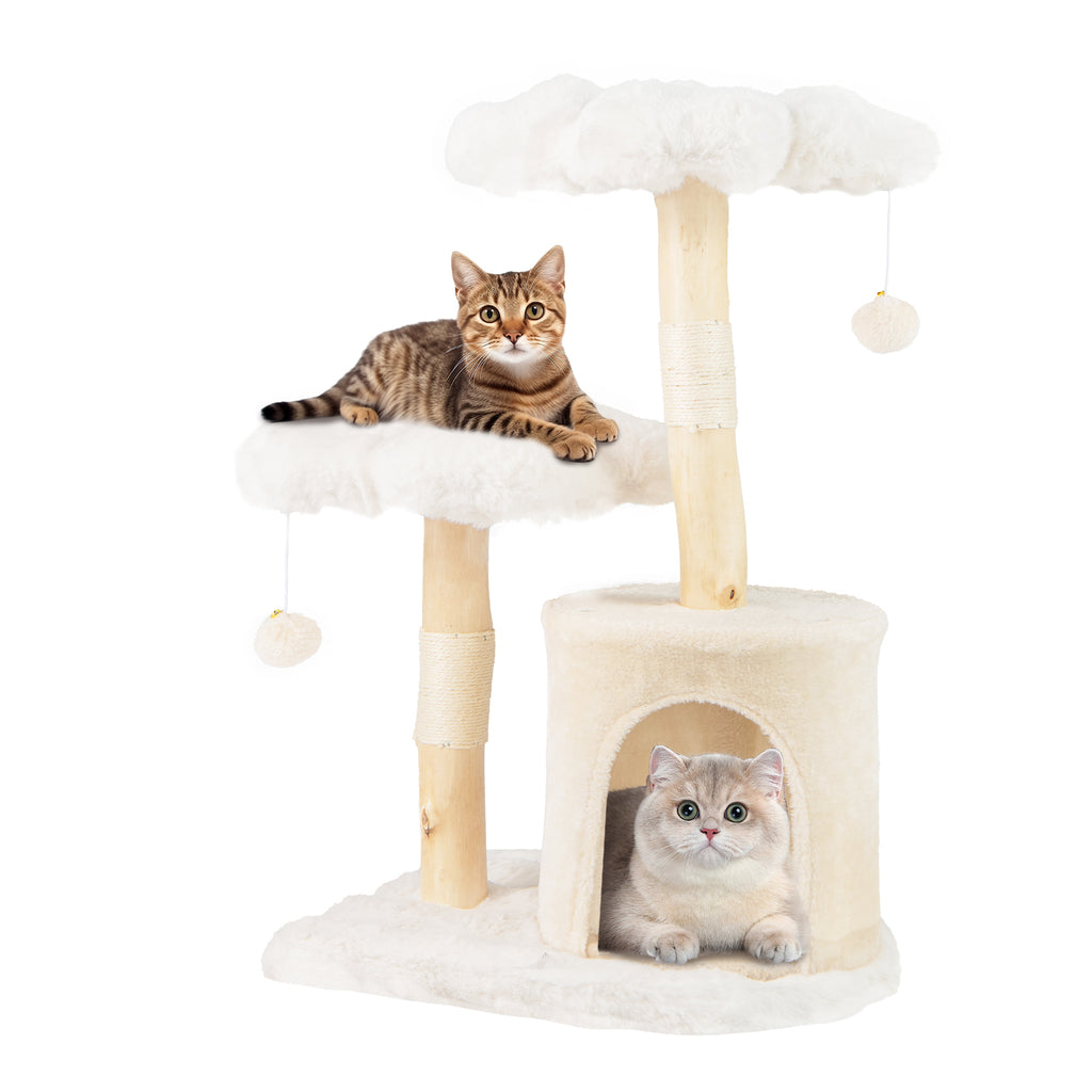 Cute Solid Wood Cat Tree with Flower Design and Sisal Posts - Beige Variation