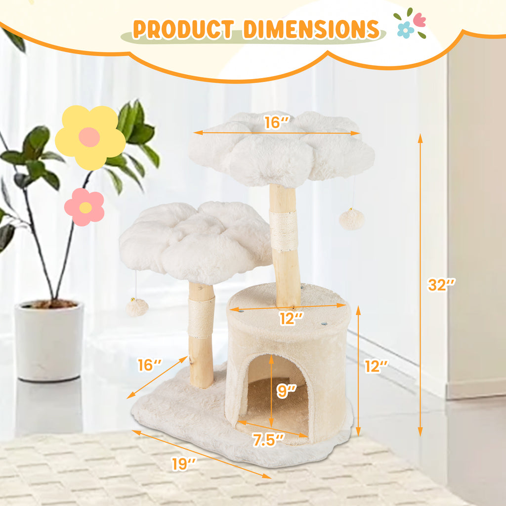 Cute Solid Wood Cat Tree with Flower Design and Sisal Posts - Beige Variation