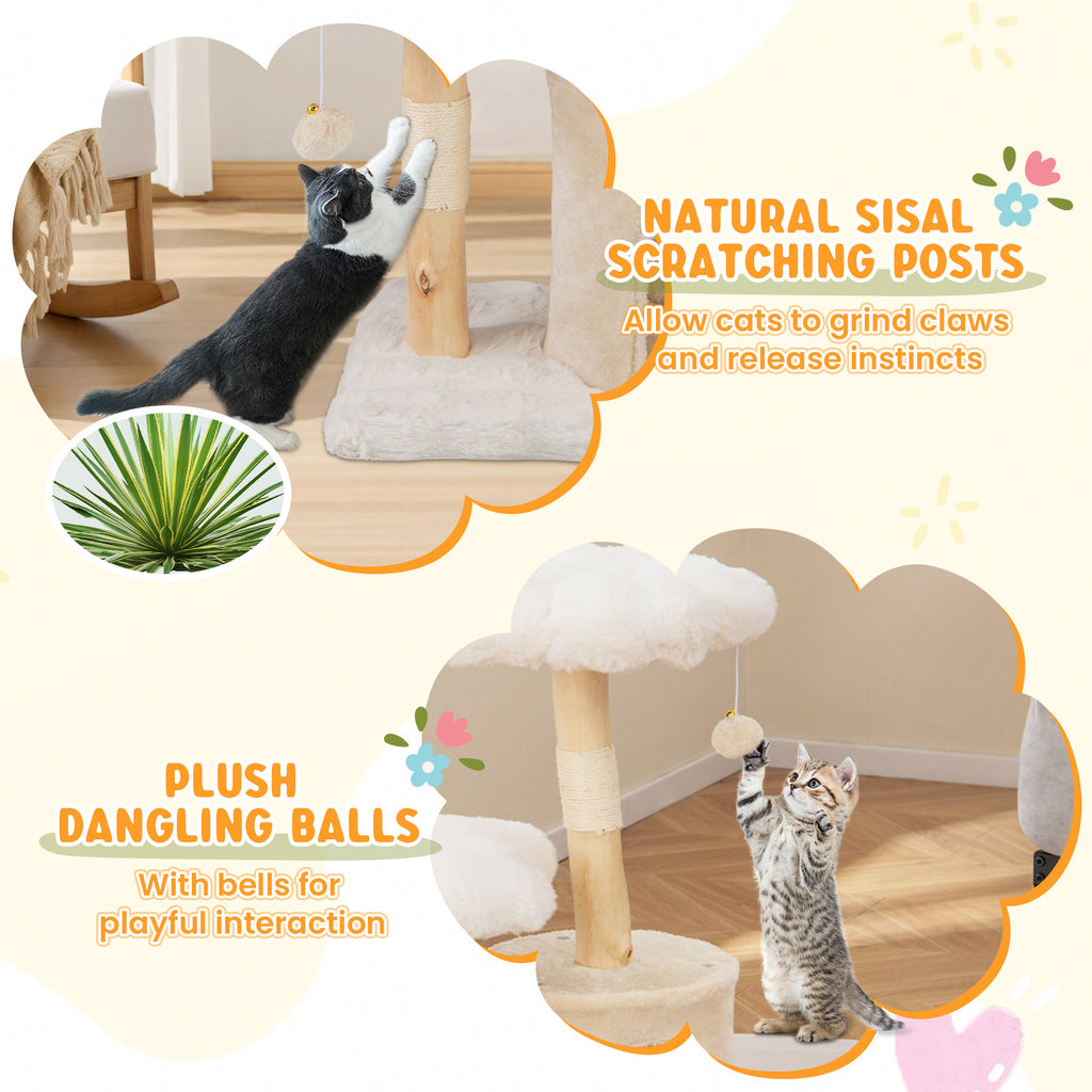 Cute Solid Wood Cat Tree with Flower Design and Sisal Posts - Beige Variation