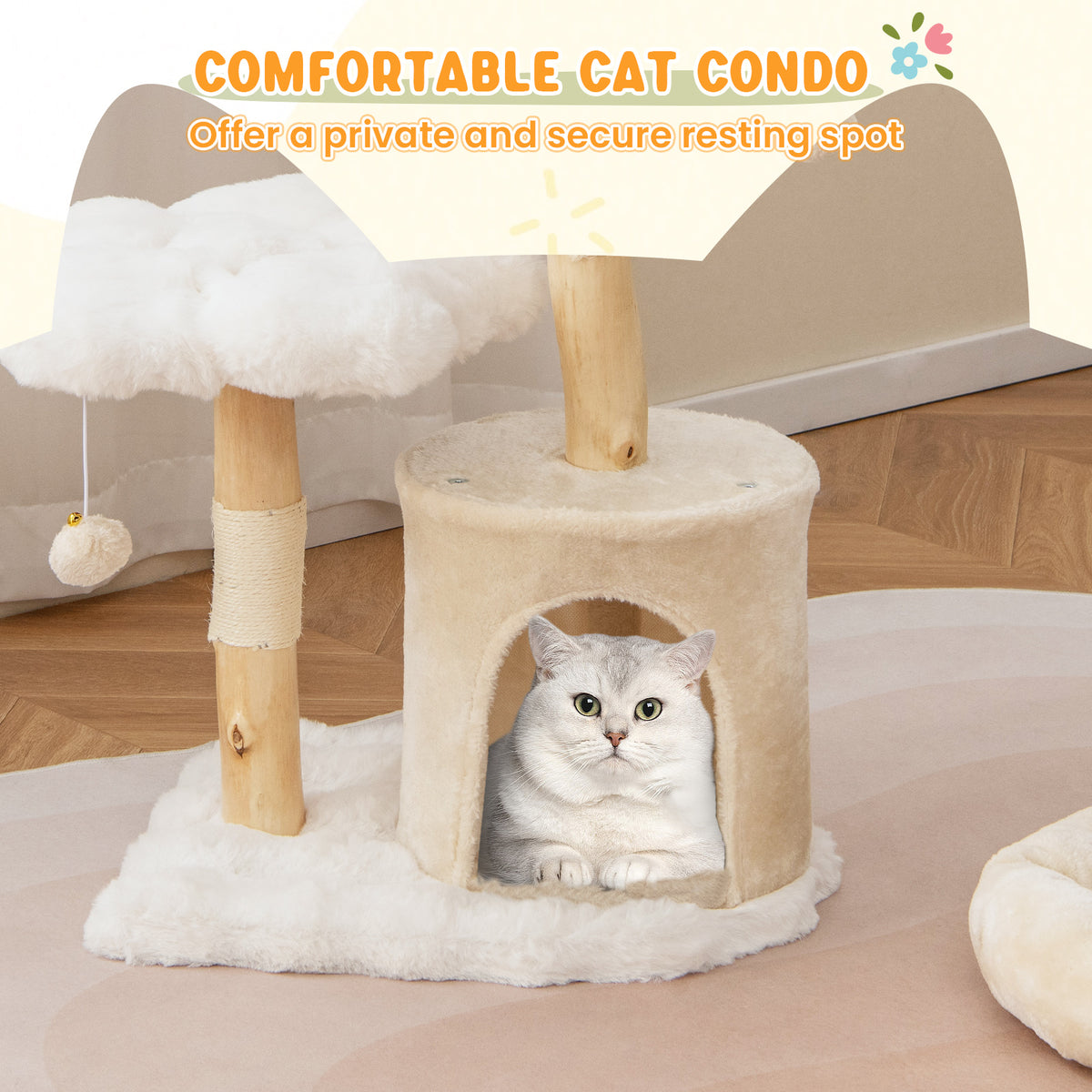 Cute Solid Wood Cat Tree with Flower Design and Sisal Posts - Beige Variation
