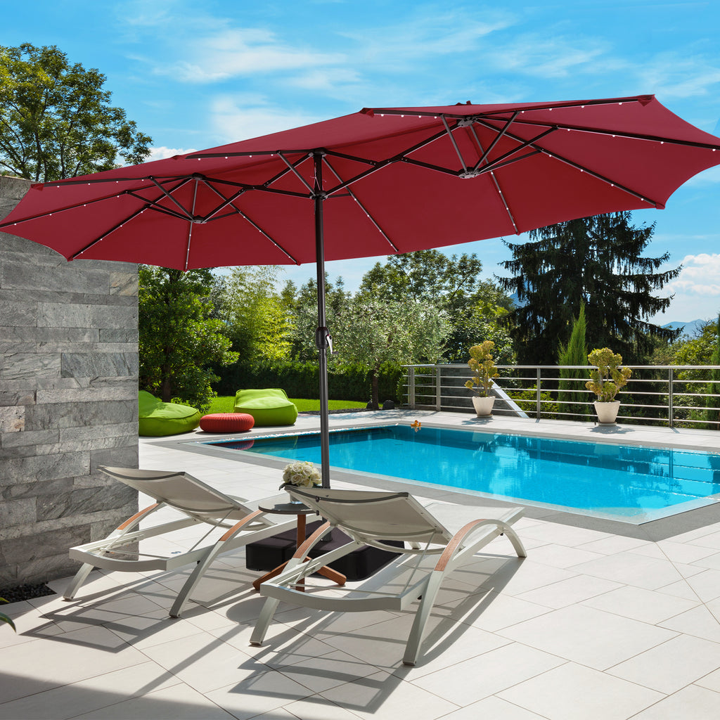 15FT Double-Sided Patio Umbrella with 48 LED Lights - Dark Red