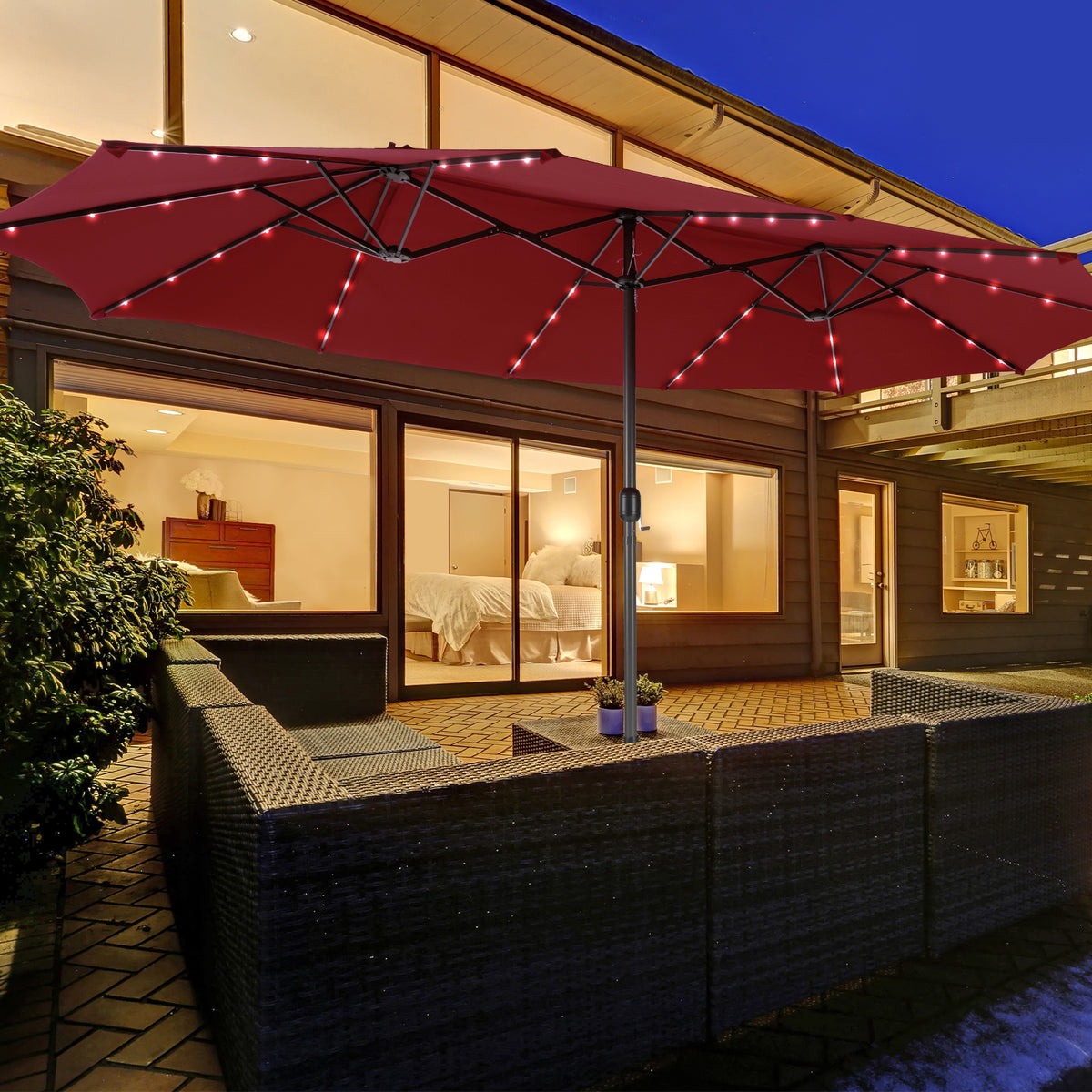 15FT Double-Sided Patio Umbrella with 48 LED Lights - Dark Red