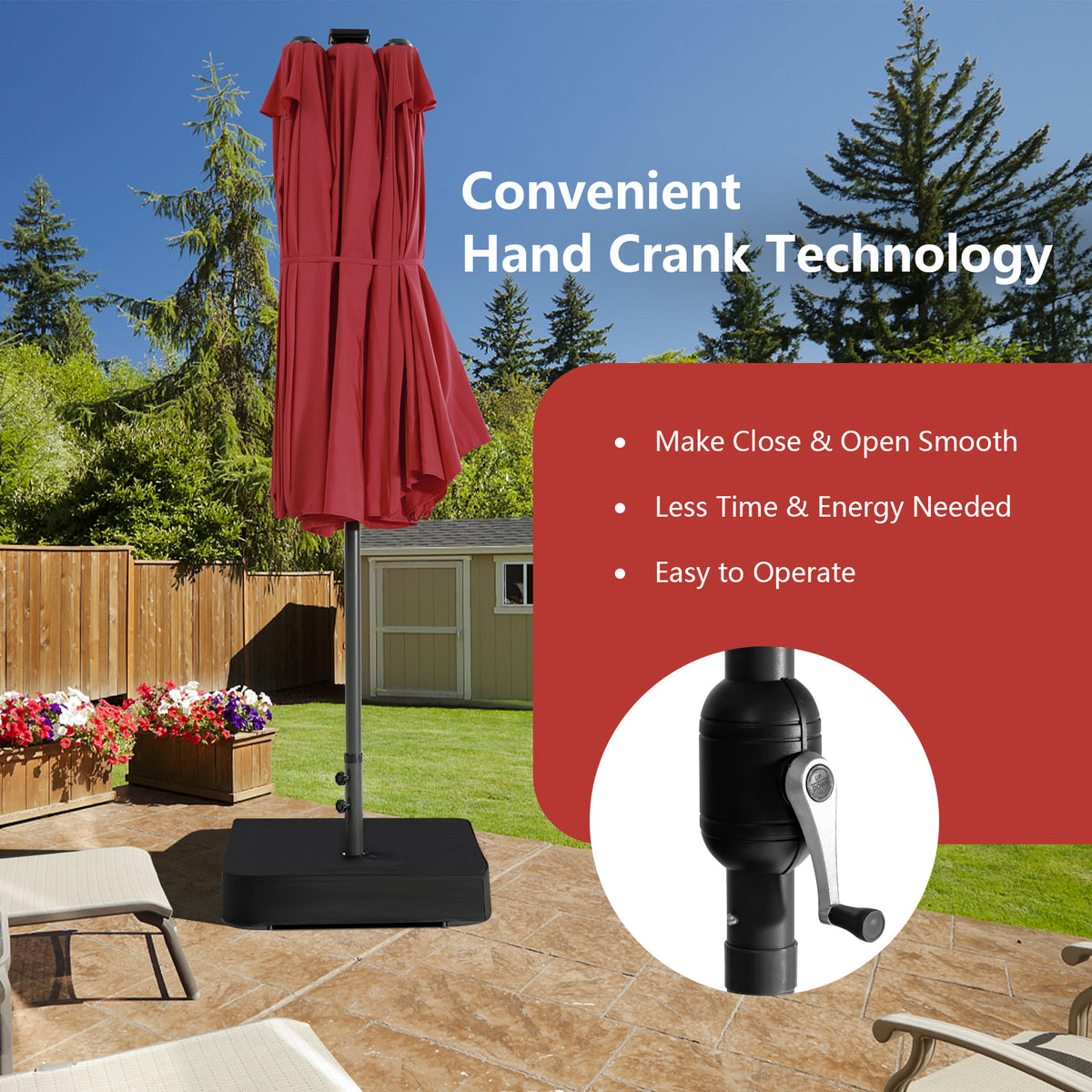 15FT Double-Sided Patio Umbrella with 48 LED Lights - Dark Red