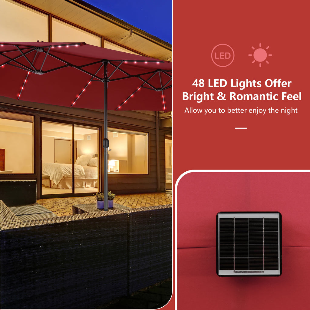 15FT Double-Sided Patio Umbrella with 48 LED Lights - Dark Red