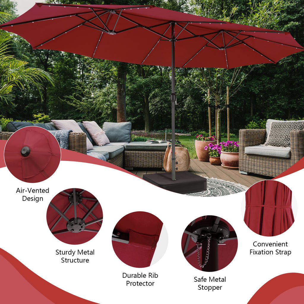 15FT Double-Sided Patio Umbrella with 48 LED Lights - Dark Red