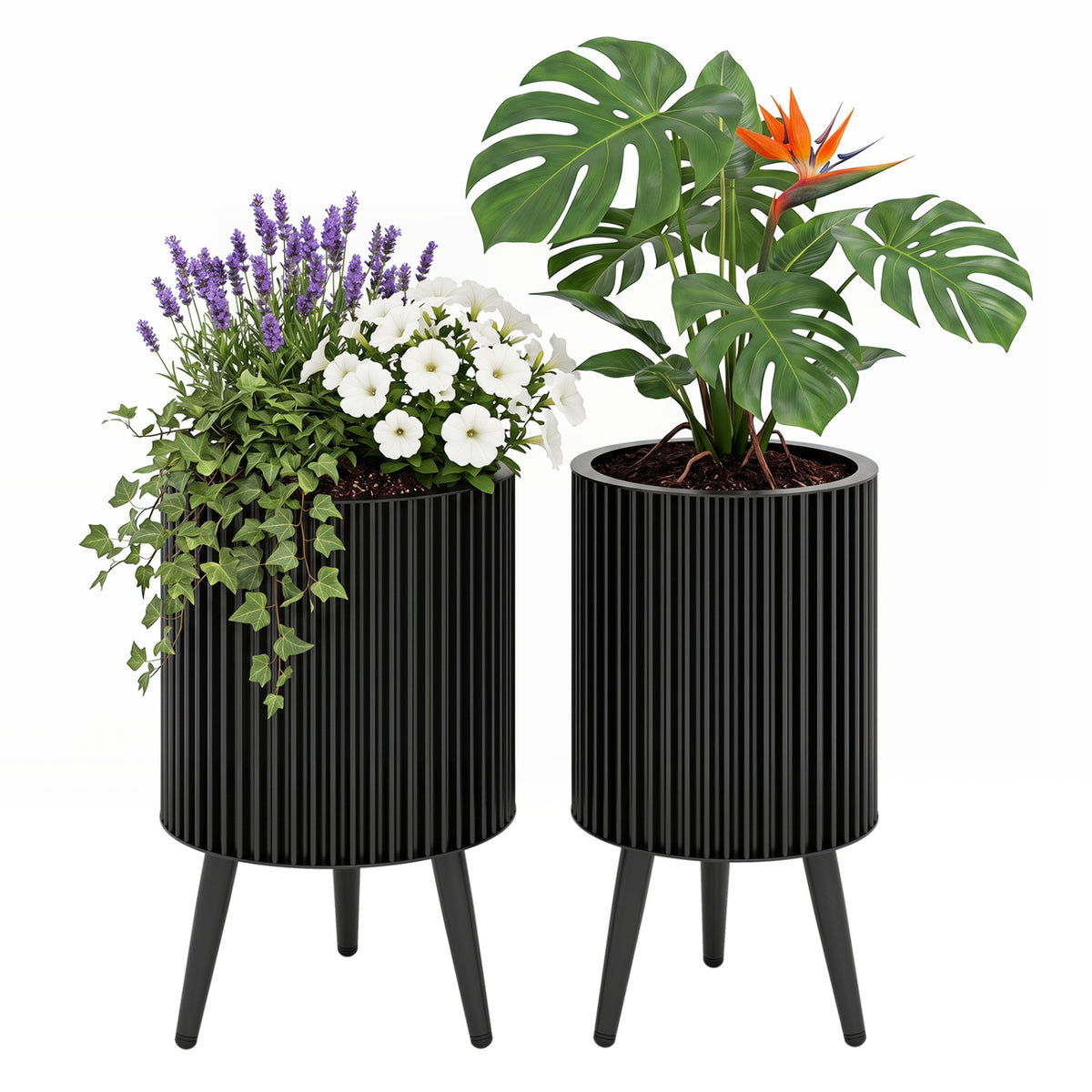 Decorative Flower Pots with Stand and Drainage Holes Set of 2