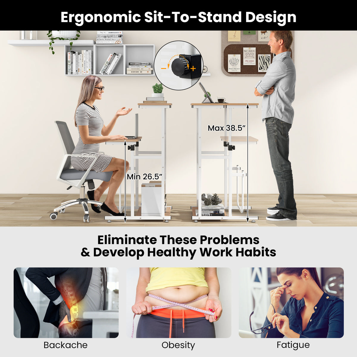Sit Stand Desk with Adjustable Foot Mats - Small Space