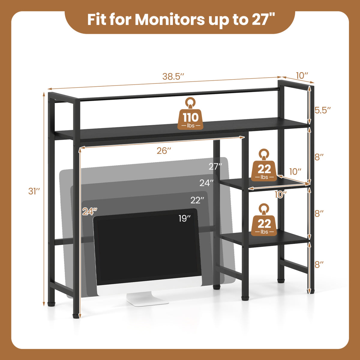 Desktop Bookshelf 38.5" with 4 Shelves - Black