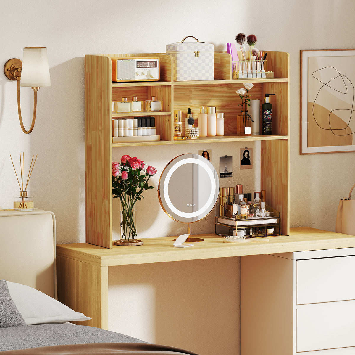 6-Shelf Desktop Bookshelf with Storage Hutch, Beige