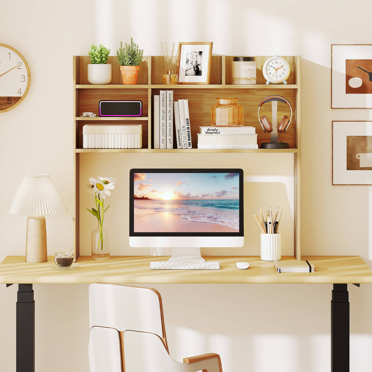 6-Shelf Desktop Bookshelf with Storage Hutch, Beige
