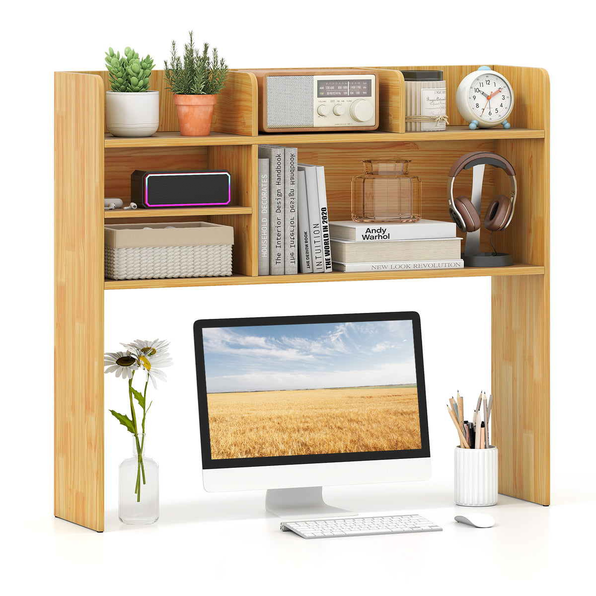 6-Shelf Desktop Bookshelf with Storage Hutch, Beige
