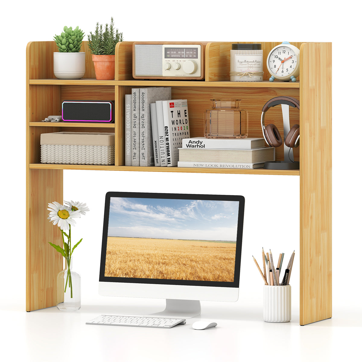 6-Shelf Desktop Bookshelf with Storage Hutch, Beige