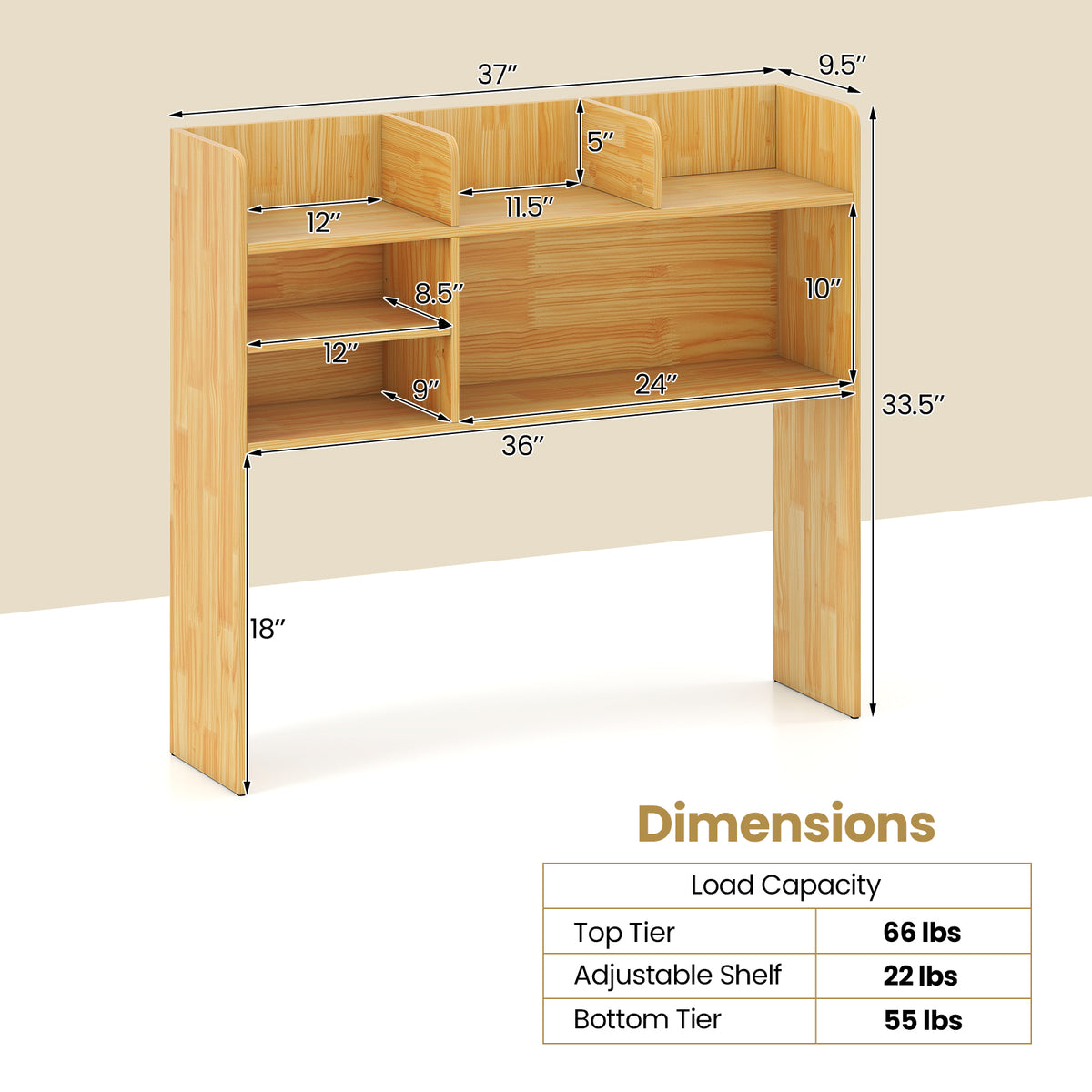 6-Shelf Desktop Bookshelf with Storage Hutch, Beige