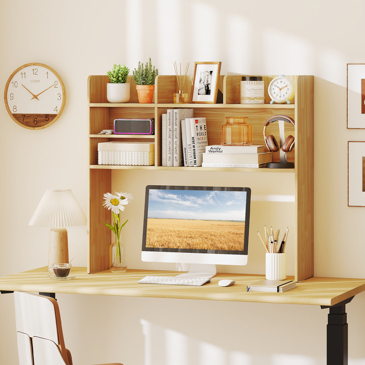 6-Shelf Desktop Bookshelf with Storage Hutch, Beige