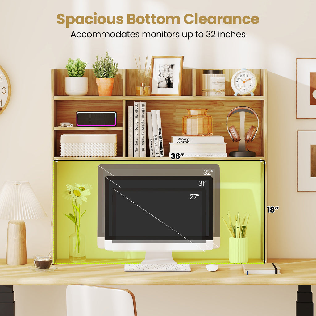 6-Shelf Desktop Bookshelf with Storage Hutch, Beige